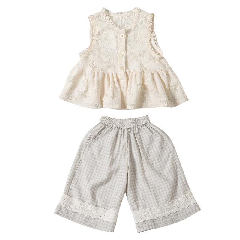 キッズ 女の子 春夏 かわいい おしゃれ セットアップ ノースリーブ レース 透かし編み チュニック ブラ..