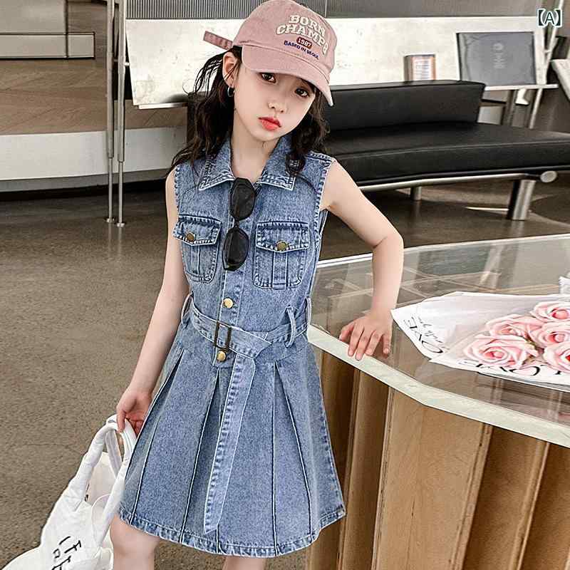 ジャンパースカート キッズ 女の子 デニム ノースリーブ Aライン ライトブルー かわいい カジュアル 韓..