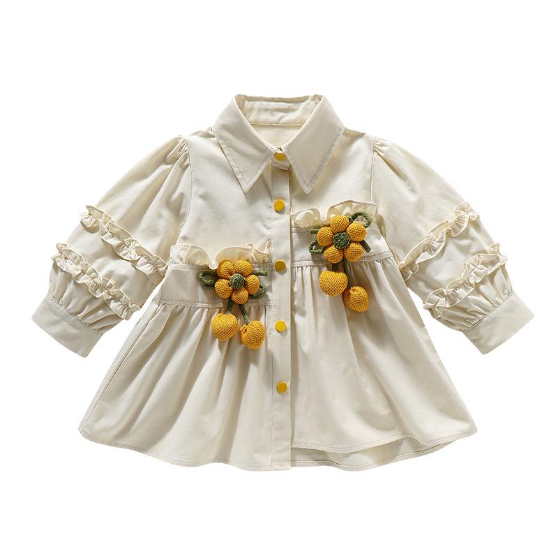 ワンピース 女の子 キッズ 春夏 長袖 シャツワンピース 花柄 コットン プリンセスドレス アプリコット ..