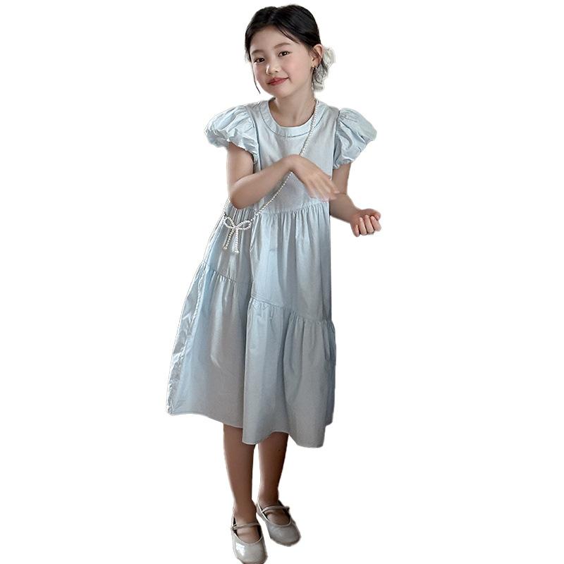 ワンピース 女の子 ジュニア 子供服 夏服 カジュアル 普段使い おしゃれ トレンド パフスリーブ 半袖 プリンセスライン コットン 綿 柔らかい ソフトタッチ 無地 デイリー