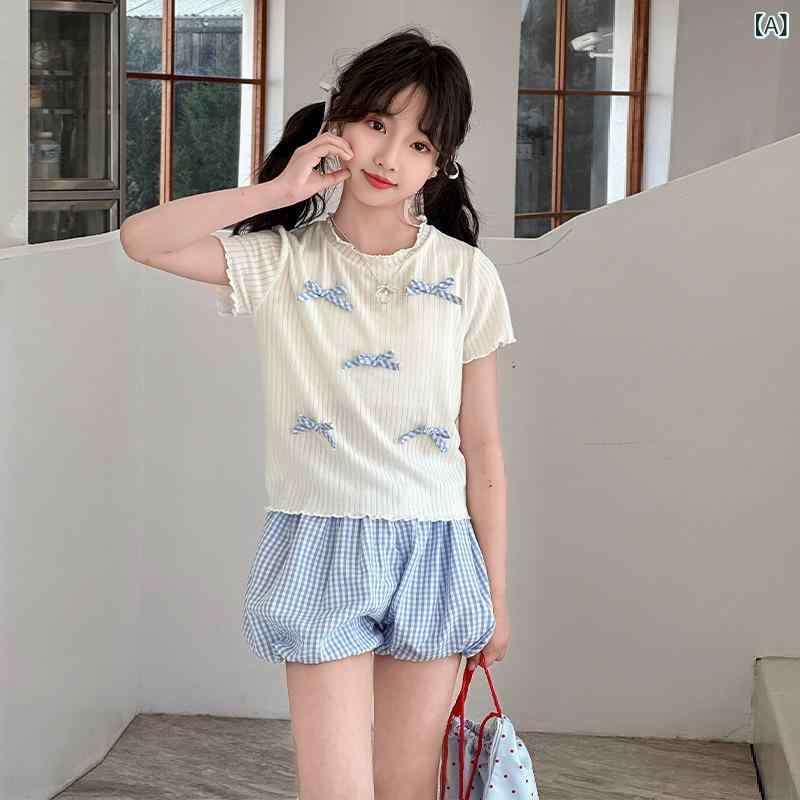 セットアップ 女の子 夏 韓国ファッション 半袖トップス 半袖Tシャツ チェック柄 フリル リボン ワイド..