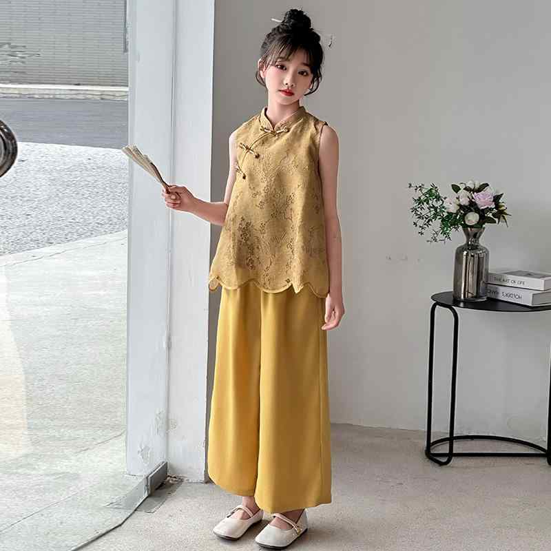 キッズ 女の子 女児 セットアップ 中国風 チャイナ風 漢服 透かし彫り ジャガード 性 ノースリーブ ト..