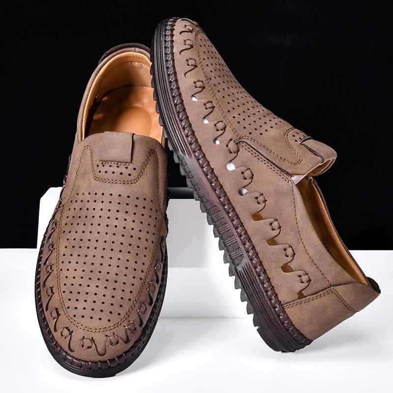 メンズ シューズ アウトドア カジュアル スリッポン ローファー フラットソール ハンドメイド PUレザー ローカット 大きいサイズ パンチング ステッチ シンプル 通気性 ラウンドトゥ 普段使い ブラウン グレー ブラック ベージュ