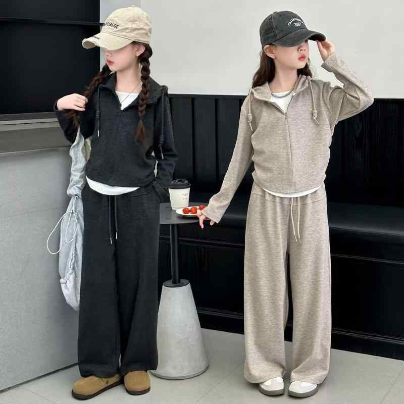 キッズ 女の子 ジュニア パンツ セットアップ 春秋 無地 2点セット 長袖 フード付き ロングパンツ 綿 ..