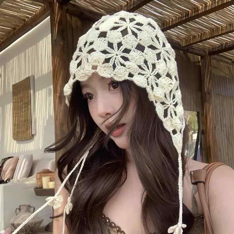 帽子 レディース 女性用 透かし編み オープンワーク 花柄 フリンジ ペンダント付き 薄手 軽量 手編み ..