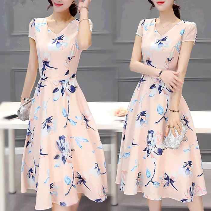 ワンピース レディース ミセス 春夏 エレガント Vネック 半袖 花柄 フラワープリント Aライン ミモレ丈 上品 ウエストマーク スタイルアップ 体型カバー フェミニン ポリエステル きれいめ お呼ばれ