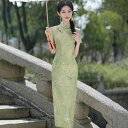 チャイナドレス レディース 女性用 春夏 半袖 ミディ丈 スリムフィット 花柄 プリント グリーン ポリエステル 中国風 高級感 上品 禅テイスト レトロ 日常使い