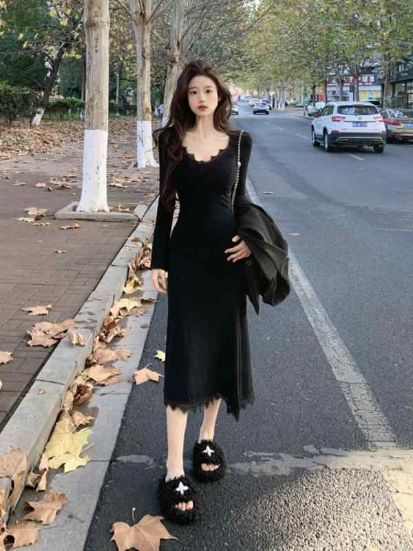 ワンピース レディース 韓国 ブラック Vネック レース切り替え 長袖 マーメイド ウエストシェイプ スリムフィット ヒップライン 上品 ..