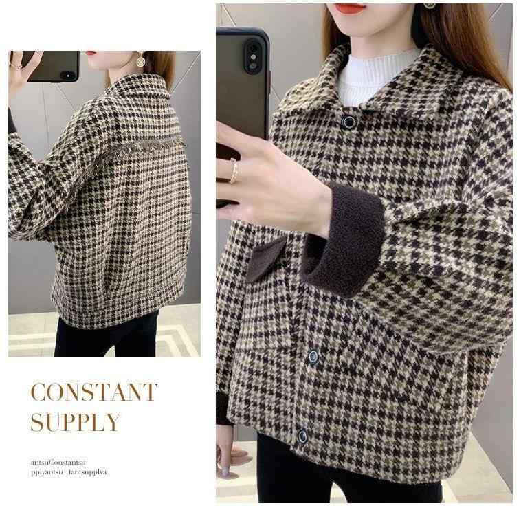 コート レディース 秋冬 チェック柄 レトロ エレガント 上品 襟付き 長袖 ショート丈 ゆったり ウール調 メルトン調 中厚手 ポケット付き 通勤 オフィス ...