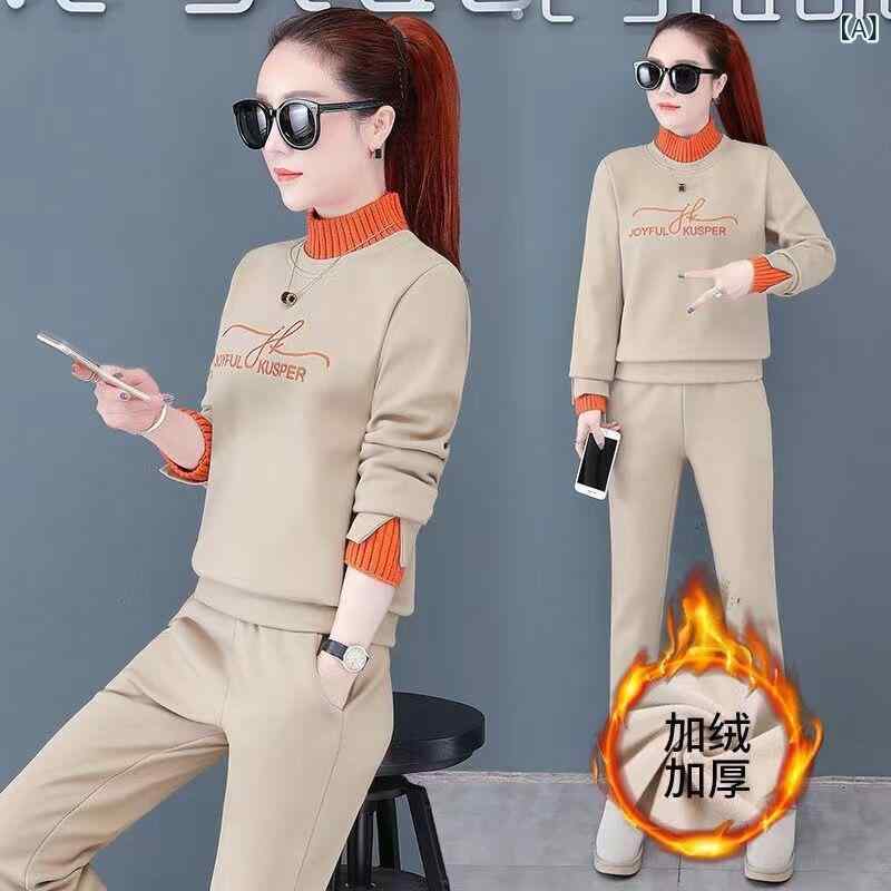 スポーツ セットアップ レディース 秋冬 裏起毛 厚手 ハイネック ニット スウェット ロングパンツ カジュアル リラックスウェア 長袖 ポリエステル 切り替え
