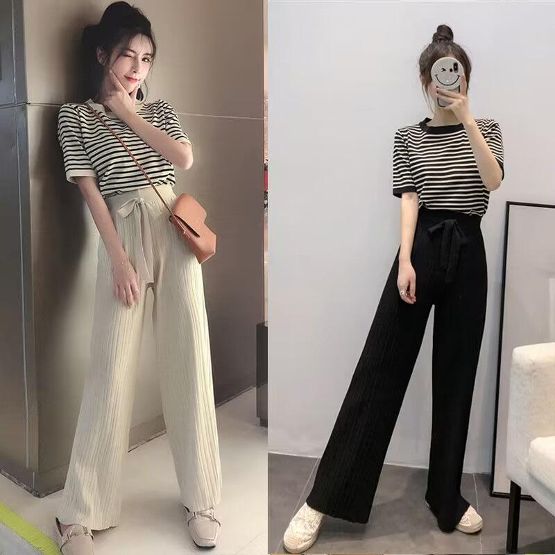 セットアップ レディース カジュアル 韓国 夏 半袖トップス ワイドパンツ ストライプ柄 切り替え ゆったり 大きいサイズ 体型カバー きれいめ ポリエステル素材 普段使い おしゃれ