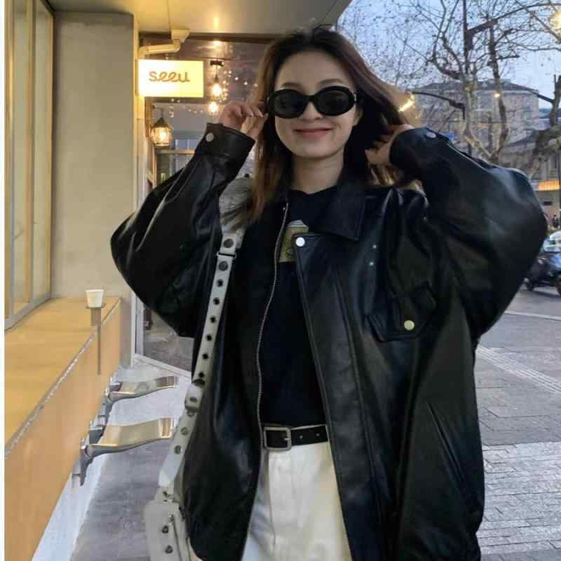 アウター レディース ライダースジャケット フェイクレザー 韓国 レトロ クール シンプル ゆったり シ..