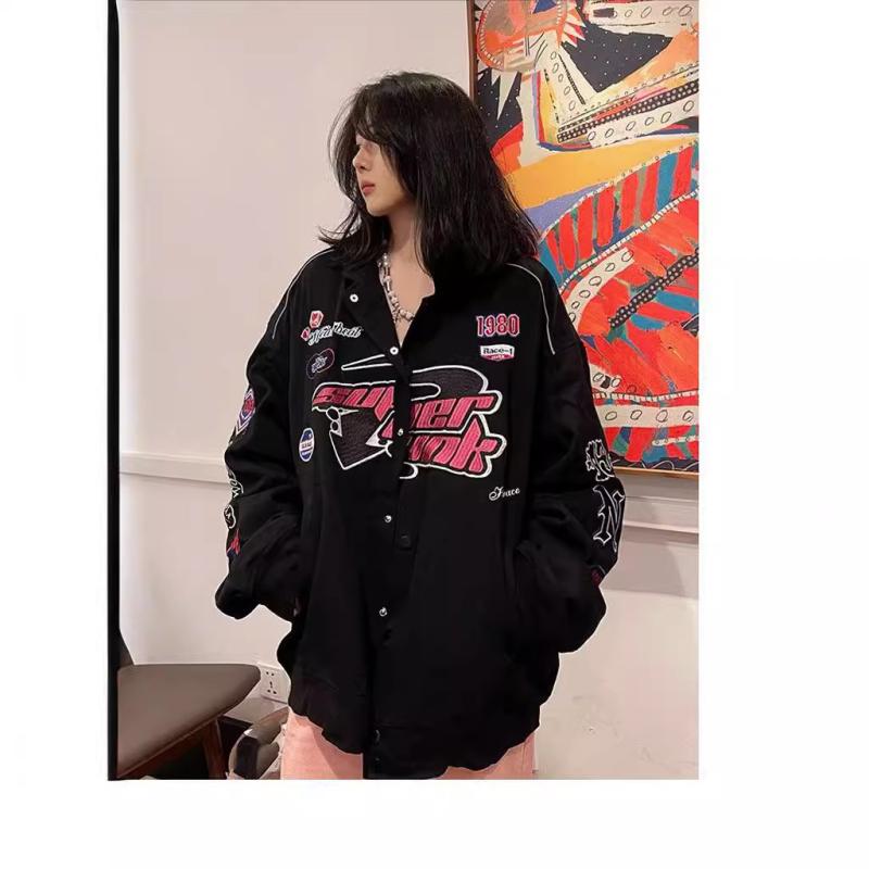 スタジャン レディース レーシング 厚手 レトロ ゆったり 体型カバー プリント ポリエステル 長袖 Vネ..