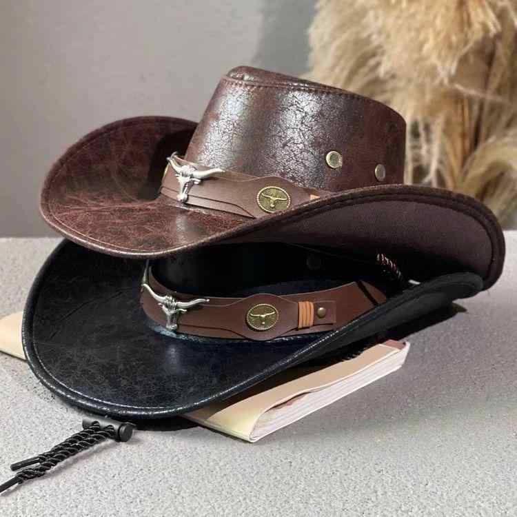 カウボーイハット 男女兼用 ウェスタン テンガロンハット フェイクレザー 合成皮革 クラック柄 牛モチ..