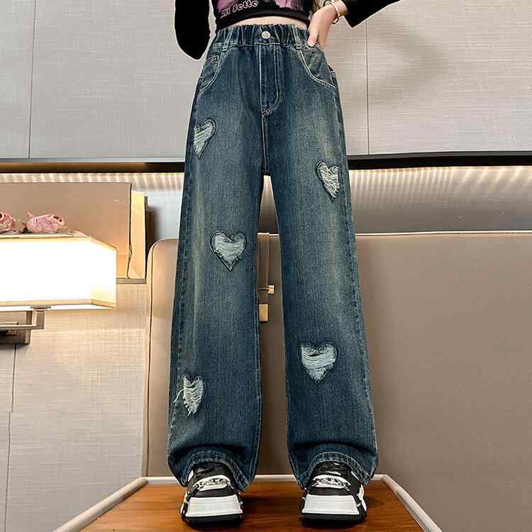 デニムパンツ 女の子 ジュニア ストレート ワイド ゆったり ハイウエスト ロング丈 春秋 綿混 ポリエス..