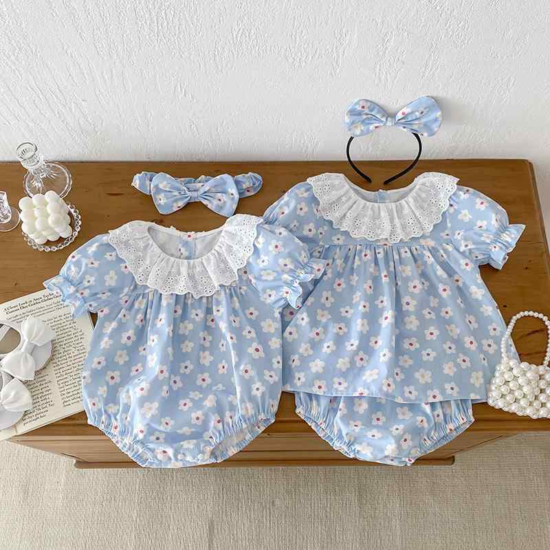 ベビー服 女の子 1歳 2歳 3歳 半袖 ロンパース パンツ 上下セット 綿 韓国 小花柄 ブルー 春夏 普段使い お出かけ ルームウェア 通気性 吸湿速乾 快適 肌に優しい