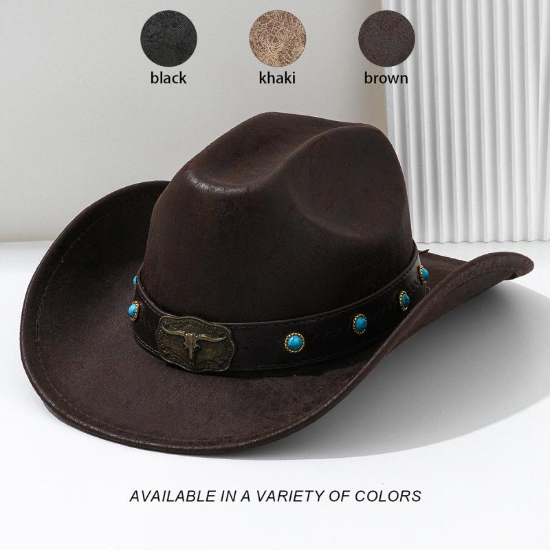 テンガロンハット カウボーイハット 男女兼用 PUレザー メタルカウモチーフ サファイア調 スタッズ装飾..