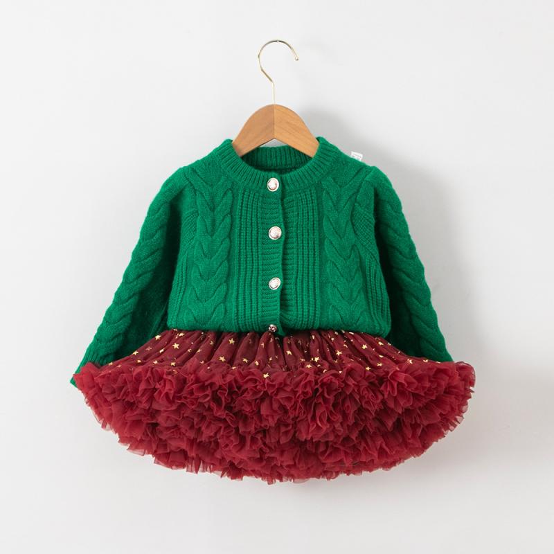 子供服 女の子 クリスマス グリーン ニットカーディガン 星柄 チュチュスカート セットアップ プリンセ..