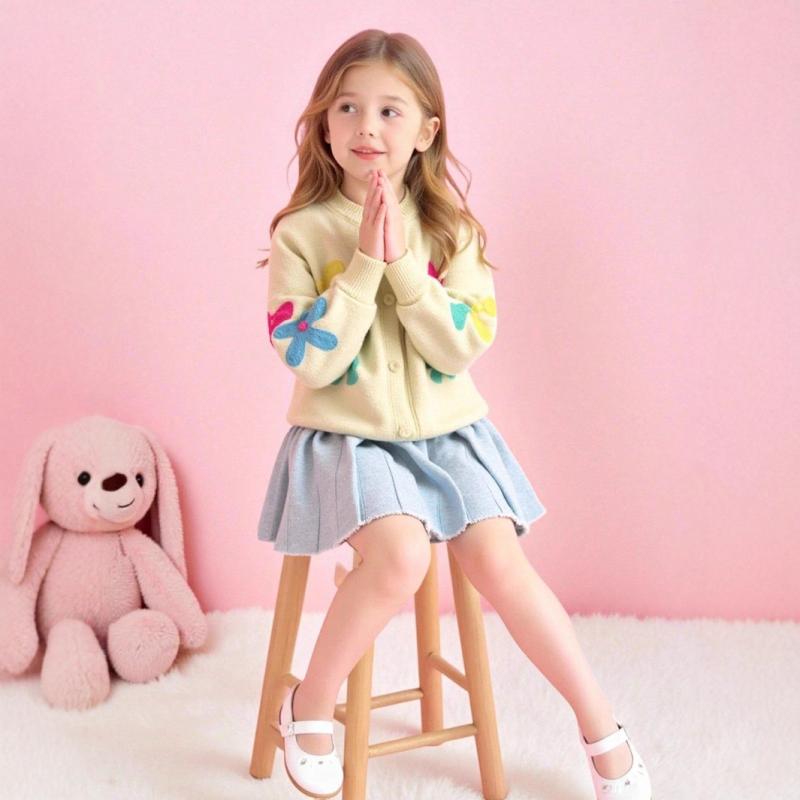 キッズ 女の子 秋冬 蝶 刺しゅう ラウンドネック プルオーバー ゆったり 長袖 ニットトップス プリーツスカート セットアップ 厚手 普段使い お出かけ 通学 防寒 子供服 柔らかい