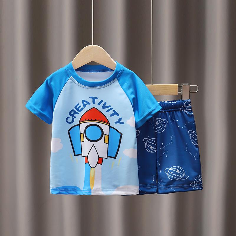 水着 キッズ 男の子 男児 セパレート 上下セット 水泳パンツ 速乾 3歳 8歳 プール ビーチ 水遊び 水泳教室 ポリエステル ブルー 春夏(4)