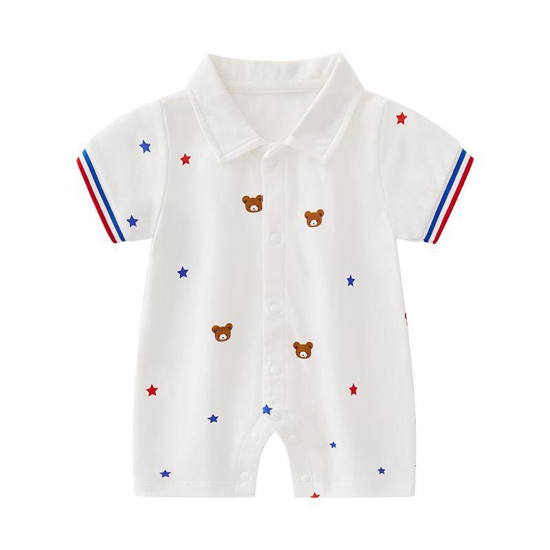 ベビー ロンパース 新生児 0-3ヶ月 半袖 薄手 綿 コットン 夏 吸湿速乾 快適 カバーオール ポロ襟 男女兼用 前開き スナップボタン クマ柄 ショート丈 カジュアル 普段着 お出かけ着