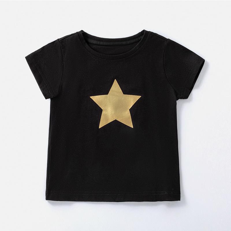 Tシャツ 女の子 キッズ ベビー トップス 半袖 コットン95% 丸首 薄手 軽量 吸汗速乾 おしゃれ ブラック 星柄 夏物 着回し 普段使い 子供服