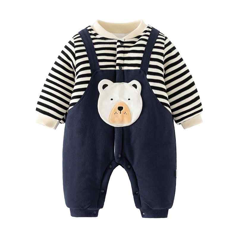 Rakuten - ロンパース ベビー 新生児 男の子 女の子 厚手 中綿入り あったか 保温 防寒 綿 長袖 ストライプ 刺繍 ベビーくま カジュアル 前開き 秋冬 普段使い