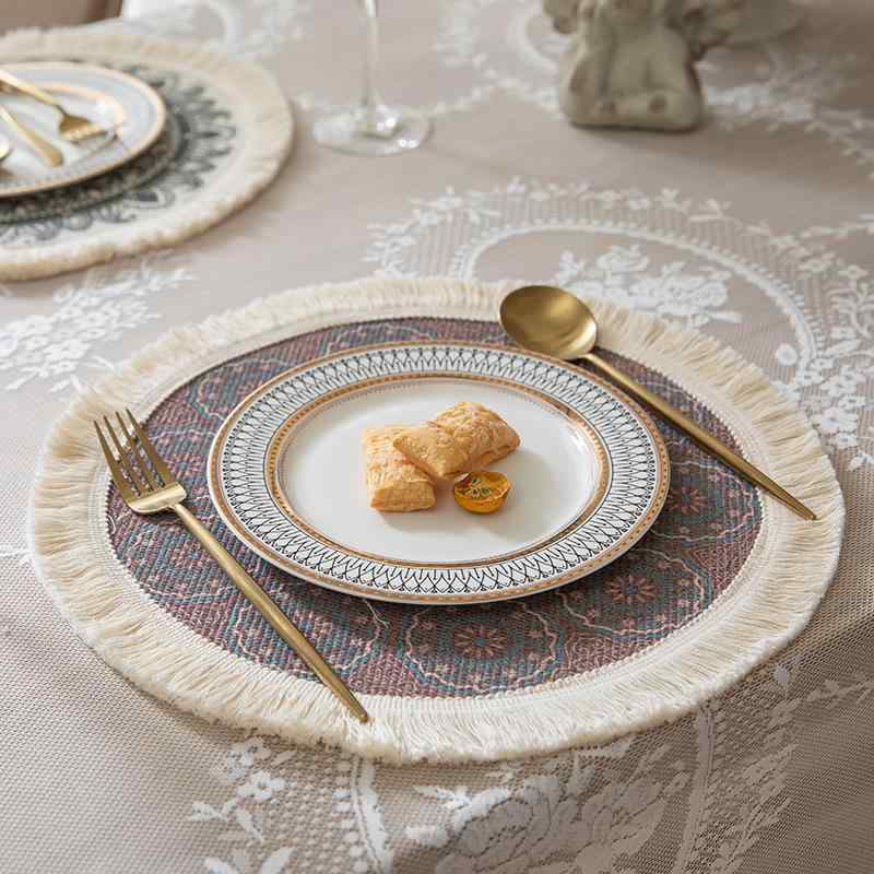 ランチョンマット 円形 シンプル 編み込み フリンジ レトロ 北欧風 花柄 ダイニング 食卓 テーブル デコレーション プレイスマット ナプキンマット 断熱 耐熱 鍋敷き コットン 綿