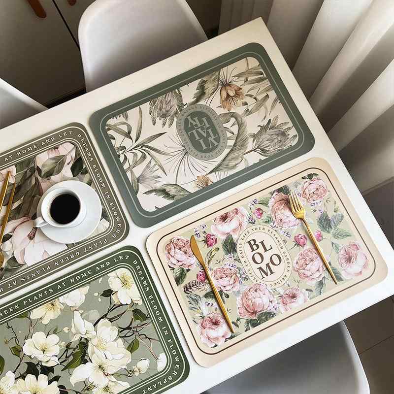 ランチョンマット プレイスマット PUレザー 合成皮革 花柄 フラワー アメリカンスタイル 円形 長方形 防水 撥水 防油 断熱 耐熱 家庭用 食卓用 ダイニング おしゃれ お手入れ簡単