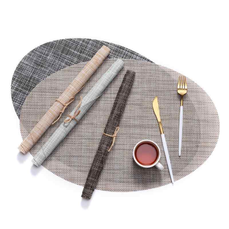ランチョンマット 楕円形 PVC ポリエステル リネン風 断熱 滑り止め テーブルマット ヨーロピアン ホテル 洋食用 厚手 アメリカン ブラウン グレー ブルー レッド
