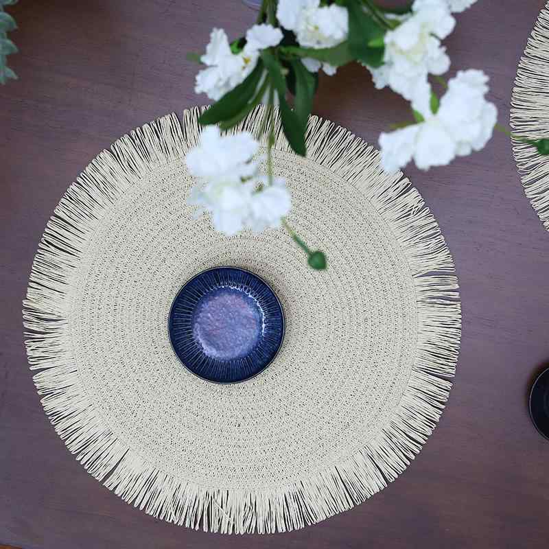 テーブルマット 円形 リビング ダイニング カフェ フリンジ タッセル 紙製 ペーパー素材 編み込み 自然..