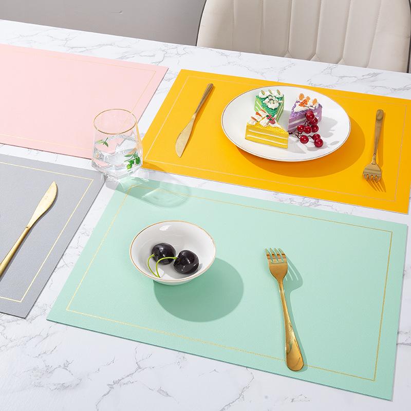 ランチョンマット スクエア バイカラー 両面 シンプル レザー 家庭用 金縁 防水 撥油 耐熱 高級感 無臭 北欧風