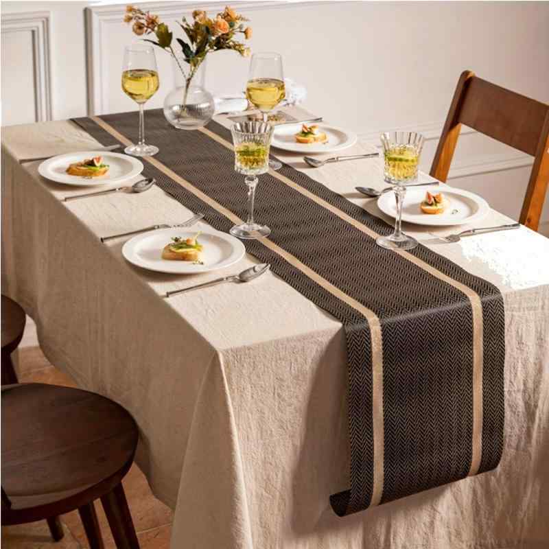 テーブルランナー 北欧風 PVC製 モダン シンプル テーブルマット ランチョンマット 防水 撥水 防汚 断熱 耐熱 食卓 ダイニング ホテル 家庭用 ストライプ グリッド 白 ミストブルー ミストブラック 金糸