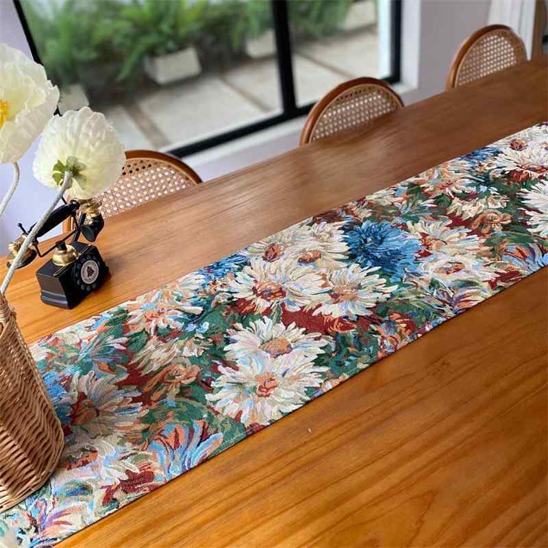テーブルランナー モネの庭園 油絵風 綿麻混 ダイニング リビング 食卓 書斎 コーヒーテーブル チェスト 飾り布 卓上装飾 おしゃれ 北欧 アート モダン コットンリネン ロング