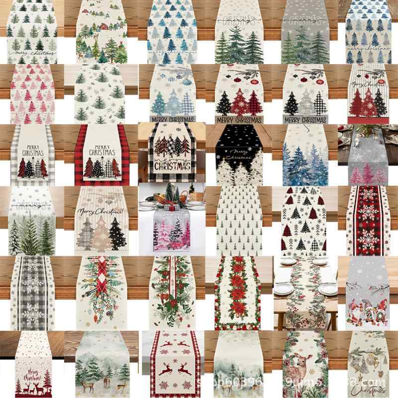 テーブルランナー クリスマス 冬 雪だるま サンタクロース キャラクター柄 プリント 食卓飾り パーティー デコレーション 北欧風 麻 リネン ポリエステル