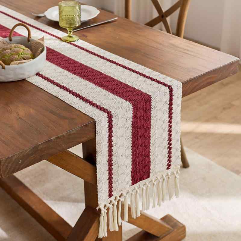 テーブルランナー 北欧風 シンプル モダン エレガント 上品 コットンリネン 綿麻 ポリエステル綿混紡 切り替え 配色 ストライプ柄 フリンジ タッセル 卓上装飾 リビング ダイニング ホリデー イベント おもてなし