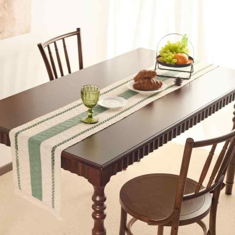 テーブルランナー 北欧風 切り替え マルチカラー ストライプ柄 フリンジ タッセル グリーン 防塵 テレビボード コーヒーテーブル リビング ダイニング 食卓 マルチカバー 装飾 インテリア ポリエステル綿混紡