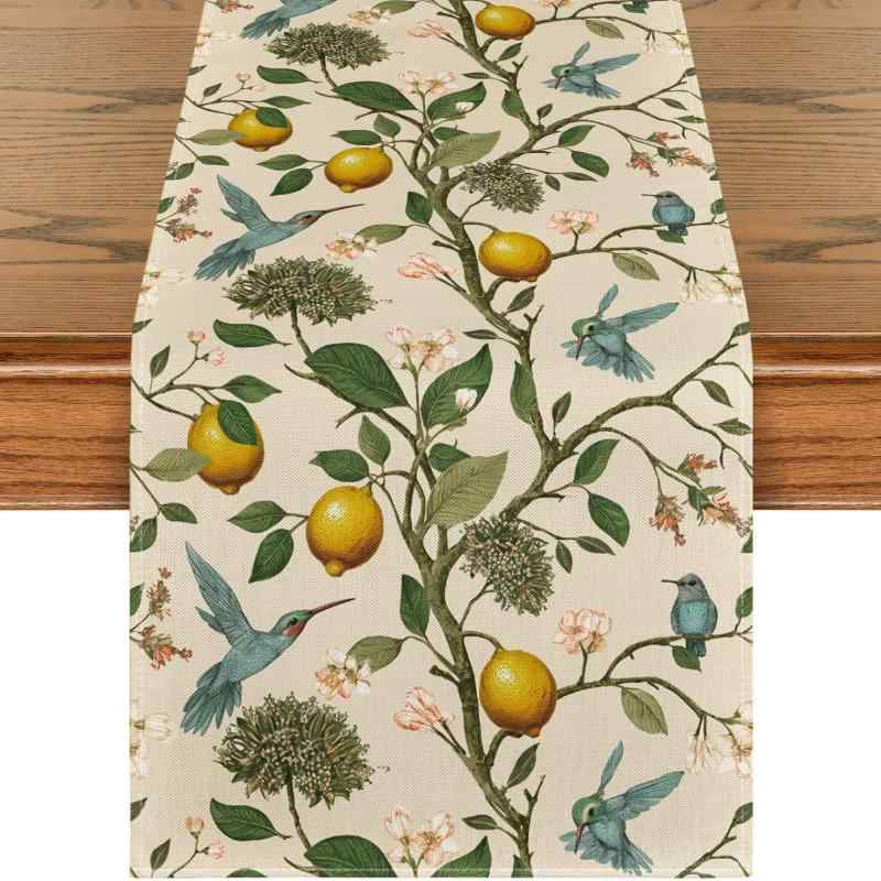 テーブルランナー 春夏 ブラウン 茶 レモン 鳥 花柄 北欧風 ポリエステル製 キッチン ダイニング 食卓 テーブルセンター 装飾 おしゃれ ホームパーティー おもてなし インテリア