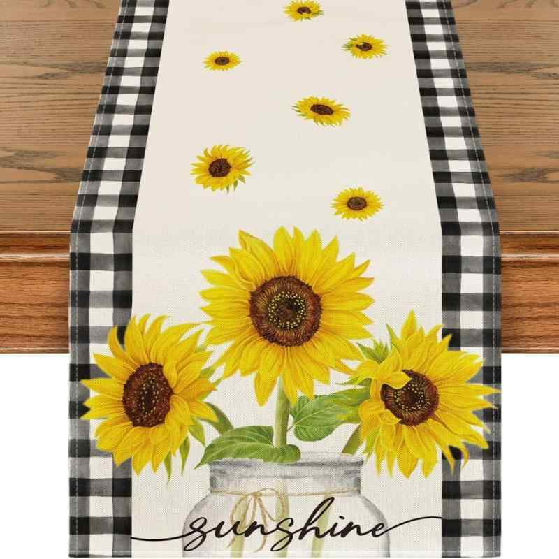 テーブルランナー テーブルセンター チェック柄 ひまわり 花瓶柄 北欧風 明るい 華やか ポリエステル ..