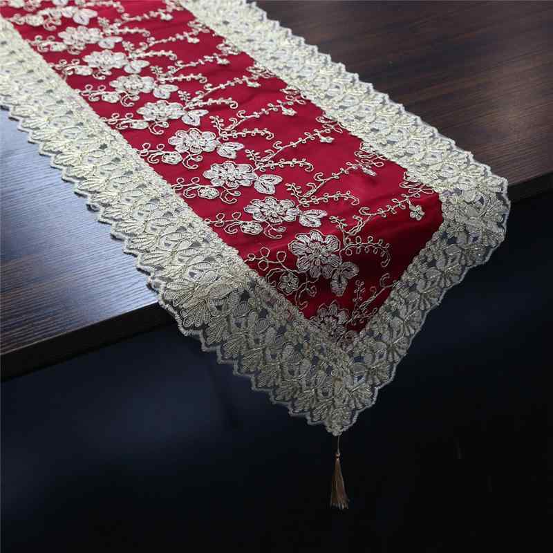 テーブルランナー 高級感 二重構造 立体刺繍 レース縁 ダイニングテーブル コーヒーテーブル ティーテ..