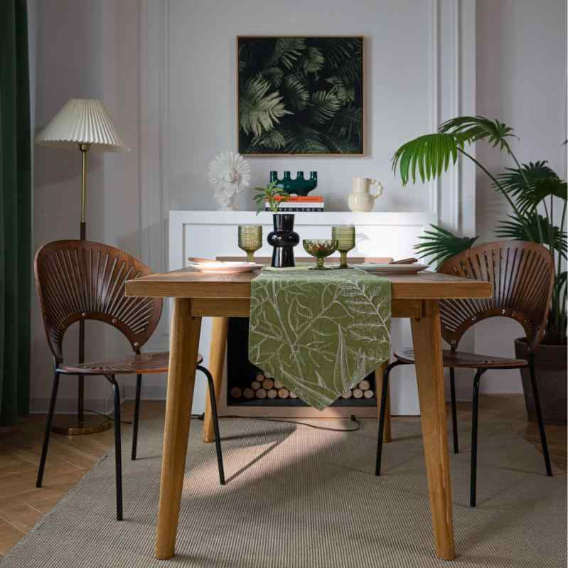 テーブルランナー リーフ柄 プリント ダブルレイヤー仕立て 綿麻混紡 アメリカンカントリー シンプル ヨーロピアン ダイニング コーヒーテーブル テレビ台