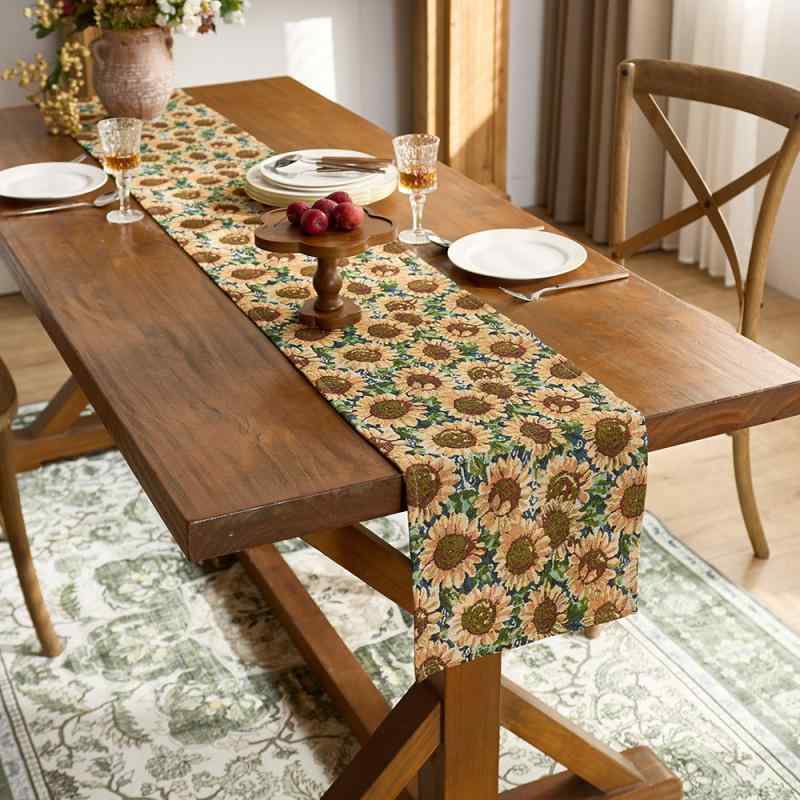 テーブルランナー アメリカン ヨーロピアン レトロ ヴィンテージ風 ひまわり柄 花柄 ジャガード織り ポリエステル テレビ台 リビングテーブル 食卓 玄関 リビング デコレーション 高級感 長方形