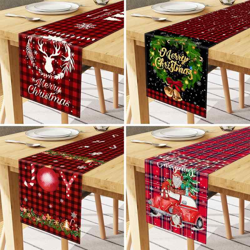 テーブルランナー クリスマス ホリデー 秋冬 北欧 アメリカンカントリー プリント リネン 麻 ポリエステル 断熱 耐熱 リビング ダイニング 食卓 レッド 赤 ストライプ チェック柄 飾り インテリア