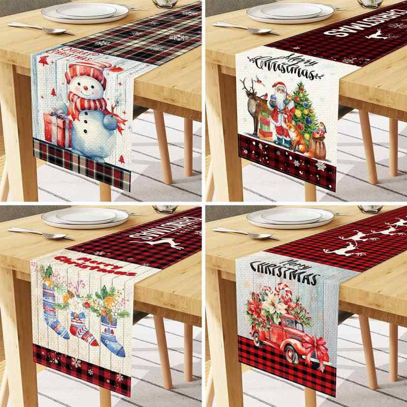 テーブルランナー クリスマス 北欧風 キャラクタープリント 食卓飾り デコレーション リネン 麻 ポリエステル テーブルセンター ティーランナー 白 赤