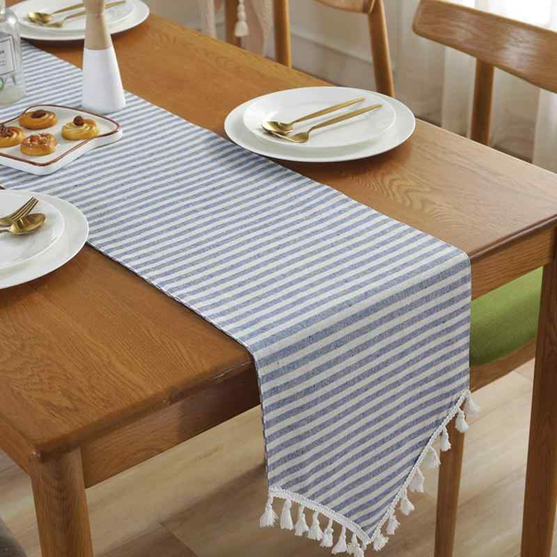 テーブルランナー ストライプ柄 三角形 フリンジ 綿麻 コットンリネン シンプル モダン アメリカン ヨーロピアン レッド ブルー アイボリー リビング ダイニング 食卓 テーブルセンター クリスマス デコレーション ティーマット ランチョンマット