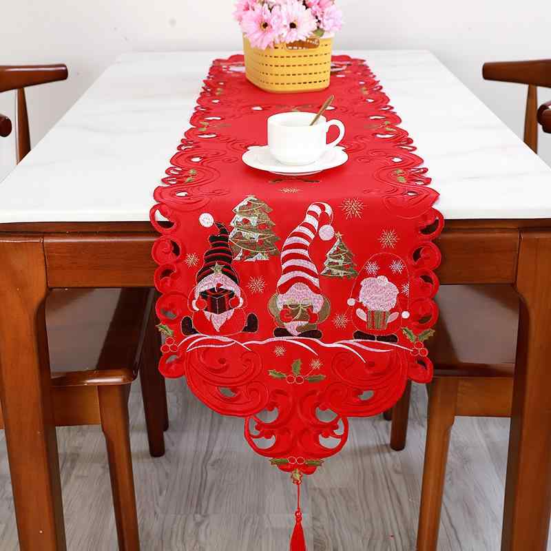 テーブルランナー クリスマス レッド サンタクロース クリスマスツリー柄 刺繍 ポリエステル 卓上飾り ..