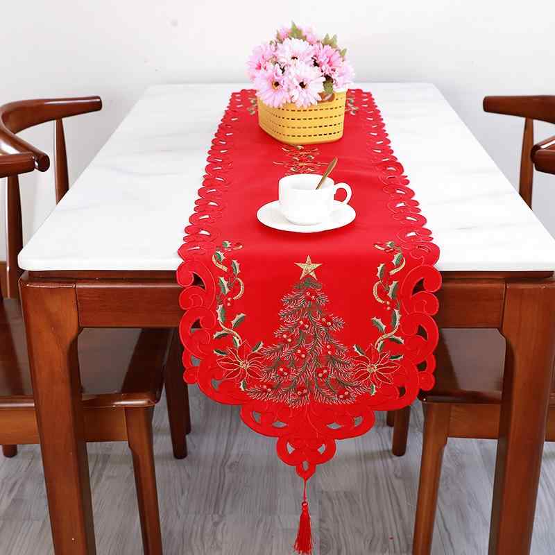 テーブルランナー クリスマス 刺繍 クリスマスツリー柄 北欧風 シンプル ポリエステル レッド リビング..