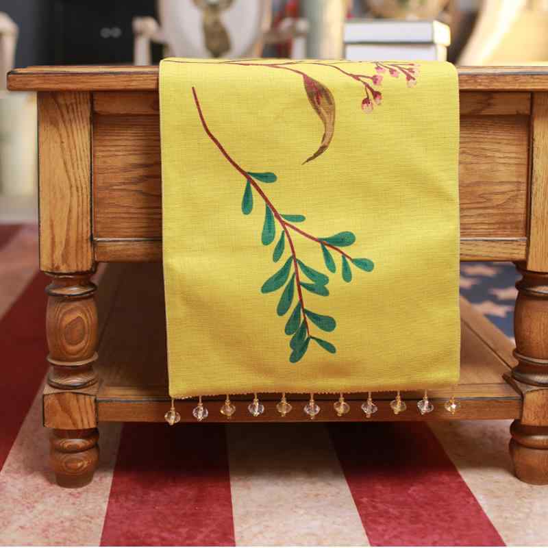 テーブルランナー アメリカンカントリー 北欧風 ナチュラルテイスト アート風 花柄 ボタニカル柄 リビング コーヒーテーブル テレビ台用 カバー インテリア ポリエステル麻混紡生地 マルチクロス 黄