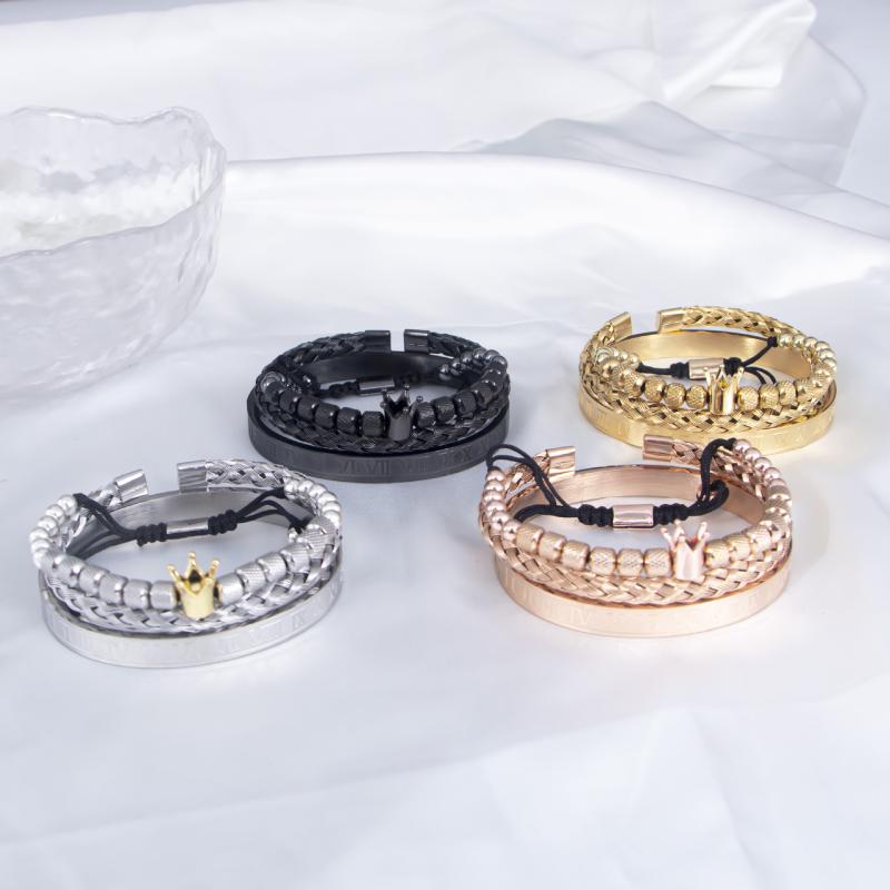 ブレスレット ユニセックス ステンレススチール クラウン 王冠 モチーフ シンプル 上品 洗練 ラッキー 幸運 ファッション トレンド コンビネーション バングル 普段使い 腕輪 シルバー ゴールド ブラック