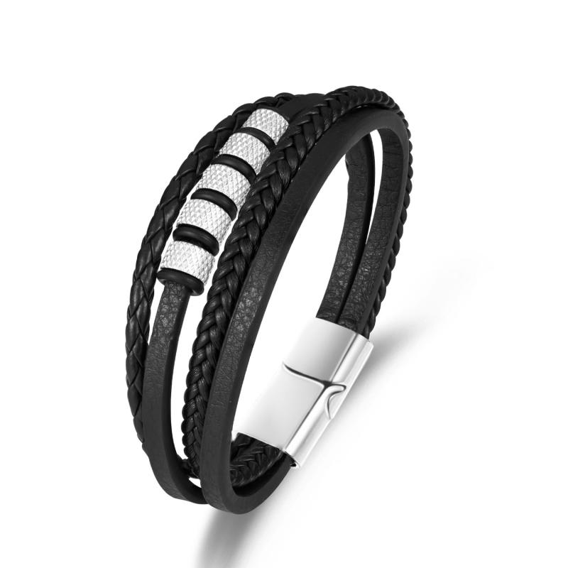 ブレスレット メンズ レザー PUレザー ハンドメイド 編み込み シンプル おしゃれ 亜鉛合金 シルバービーズ ブラック スチールカラー 幾何学模様 ファッション 通勤 カジュアル ビジネス ギフト